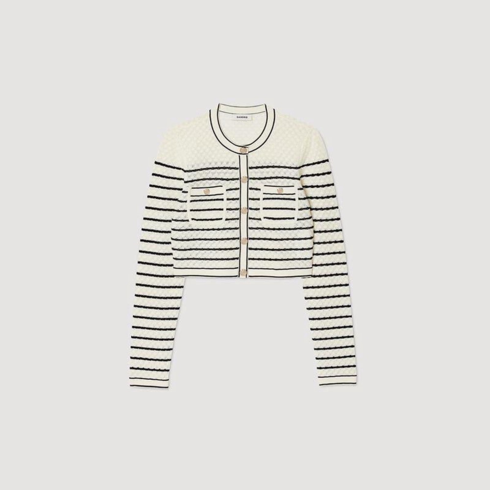 SANDRO Cropped White and Black Striped Cardigan Gold Hardware Buttons Sz 2 = Med - Picture 12 of 12